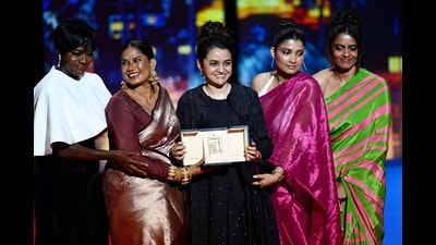 Indian director Payal Kapadia (C) celebrates on stage with her cast Indian actress Chhaya Kadam (2L), Indian actress Divya Prabha (2R) and Indian actress Kani Kusruti (L) after she was awarded with the Grand Prix for the film "All We Imagine as Light" (AFP) Indian director Payal Kapadia (C) celebrates on stage with her cast Indian actress Chhaya Kadam (2L), Indian actress Divya Prabha (2R) and Indian actress Kani Kusruti (L) after she was awarded with the Grand Prix for the film "All We Imagine as Light" (AFP)