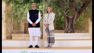 Prime Minister Narendra Modi received by Italian PM Giorgia Meloni at the G7 Outreach Summit, in Apulia on Friday. (ANI Photo) (ANI) Prime Minister Narendra Modi received by Italian PM Giorgia Meloni at the G7 Outreach Summit, in Apulia on Friday. (ANI Photo) (ANI)