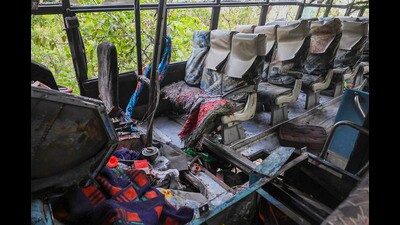 Reasi: The damaged inside of the bus carrying pilgrims that was ambushed by terrorists, in Reasi district of Jammu and Kashmir, on June 10, 2024. (PTI) Reasi: The damaged inside of the bus carrying pilgrims that was ambushed by terrorists, in Reasi district of Jammu and Kashmir, on June 10, 2024. (PTI)