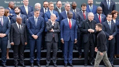 Ukrainian President Volodymyr Zelensky arrives for a photograph with heads of states and country representatives during the Summit on peace in Ukraine at the luxury Burgenstock resort, near Lucerne, in Switzerland on June 15, 2024. (AFP) Ukrainian President Volodymyr Zelensky arrives for a photograph with heads of states and country representatives during the Summit on peace in Ukraine at the luxury Burgenstock resort, near Lucerne, in Switzerland on June 15, 2024. (AFP)