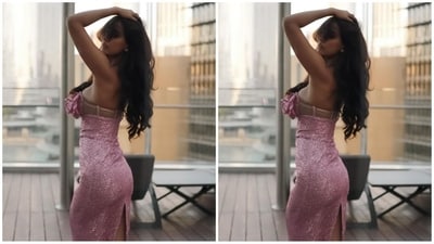 Her second look features a glamorous pink Christian Cowan dress with an off-the-shoulder sweetheart neckline adorned with oversized rose embellishments. It has a body-con fit, maxi hemline, back slit and stunning sequin detailing all over. (Instagram/@dishapatani)