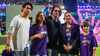 Father-of-three Shah Rukh Khan (58) with sons Aryan Khan, AbRam Khan and daughter Suhana Khan during celebrations after his team Kolkata Knight Riders' victory in the Indian Premier League (IPL) 2024 final cricket match against Sunrisers Hyderabad at MA Chidambaram Stadium, in Chennai in May 26, 2024. (File Photo/PTI) Father-of-three Shah Rukh Khan (58) with sons Aryan Khan, AbRam Khan and daughter Suhana Khan during celebrations after his team Kolkata Knight Riders' victory in the Indian Premier League (IPL) 2024 final cricket match against Sunrisers Hyderabad at MA Chidambaram Stadium, in Chennai in May 26, 2024. (File Photo/PTI)