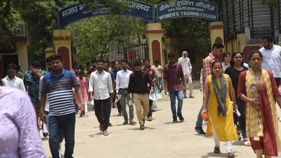 Gates of examination centres were closed 30 minutes before the scheduled time for the commencement of the examination ( Photo by Santosh Kumar) Gates of examination centres were closed 30 minutes before the scheduled time for the commencement of the examination ( Photo by Santosh Kumar)