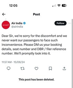 The X user claimed that Air India shared this reply and deleted it later. (X/@DealsDhamaka) The X user claimed that Air India shared this reply and deleted it later. (X/@DealsDhamaka)