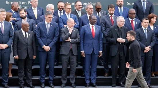 Ukrainian President Volodymyr Zelensky arrives for a photograph with heads of states and country representatives during the Summit on peace in Ukraine at the luxury Burgenstock resort, near Lucerne, in Switzerland on June 15, 2024. (AFP)