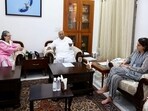 Congress Parliamentary Party (CPP) chairperson Sonia Gandhi and party General Secretary Priyanka Gandhi Vadra meet party National President Mallikarjun Kharge. 