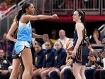 INDIANAPOLIS, INDIANA - JUNE 16: Angel Reese #5 of the Chicago Sky reacts after fouling Caitlin Clark #22 of the Indiana Fever during the second half at Gainbridge Fieldhouse on June 16, 2024 in Indianapolis, Indiana. INDIANAPOLIS, INDIANA - JUNE 16: Angel Reese #5 of the Chicago Sky reacts after fouling Caitlin Clark #22 of the Indiana Fever during the second half at Gainbridge Fieldhouse on June 16, 2024 in Indianapolis, Indiana.