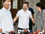 Congress president Mallikarjun Kharge after a meeting with Rahul Gandhi and Priyanka Gandhi Vadra at his residence in New Delhi on Monday. (HT Photo)