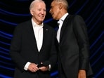 Former President, Barack Obama guides US President Joe Biden after he froze on stage during the L.A. Fundraiser at Peacock Theater, L.A., &nbsp;June 15, 2024. (Photo by Mandel NGAN / AFP)