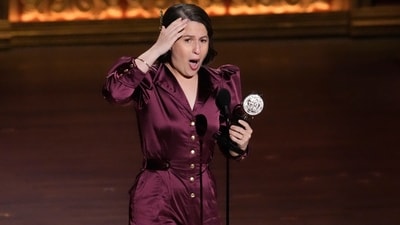 Shaina Taub accepts the award for best original score for Suffs during the 77th Tony Awards. (Photo by Charles Sykes/Invision/AP) (Charles Sykes/Invision/AP) Shaina Taub accepts the award for best original score for Suffs during the 77th Tony Awards. (Photo by Charles Sykes/Invision/AP) (Charles Sykes/Invision/AP)