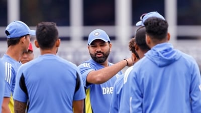 India's captain Rohit Sharma with Yashasvi Jaiswal and other teammates ahead of the Group A match against Canada in the ICC Mens T20 World Cup 2024, at Central Broward Park & Broward County Stadium (Surjeet Yadav)