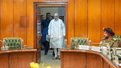 Union home minister Amit Shah arrives to attend a high-level meeting to review the security situation in Manipur on June 17. (PTI) Union home minister Amit Shah arrives to attend a high-level meeting to review the security situation in Manipur on June 17. (PTI)