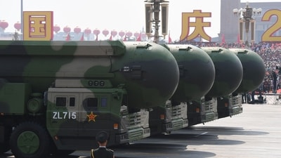 China's DF-41 nuclear-capable intercontinental ballistic missiles are seen during a military parade at Tiananmen Square in Beijing in 2019. The SIPRI report pegs the number of nuclear warheads in the Chinese arsenal at 500 as of January 2024 (compared to 410 in January 2023), while India is estimated to have 172 (up from 164 last year). (AFP) China's DF-41 nuclear-capable intercontinental ballistic missiles are seen during a military parade at Tiananmen Square in Beijing in 2019. The SIPRI report pegs the number of nuclear warheads in the Chinese arsenal at 500 as of January 2024 (compared to 410 in January 2023), while India is estimated to have 172 (up from 164 last year). (AFP)
