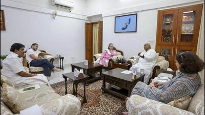 Congress leaders Sonia Gandhi, Rahul Gandhi, Priyanka Gandhi and K C Venugopal during a meeting at party president Mallikarjun Kharge’s residence in Delhi on Monday. (PTI) Congress leaders Sonia Gandhi, Rahul Gandhi, Priyanka Gandhi and K C Venugopal during a meeting at party president Mallikarjun Kharge’s residence in Delhi on Monday. (PTI)