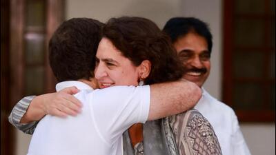 Congress leaders and brother-sister duo Rahul Gandhi and Priyanka Gandhi Vadra share a hug after the announcement of Priyanka's candidature from the Wayanad Lok Sabha seat, in New Delhi on Monday. (Hindustan Times) Congress leaders and brother-sister duo Rahul Gandhi and Priyanka Gandhi Vadra share a hug after the announcement of Priyanka's candidature from the Wayanad Lok Sabha seat, in New Delhi on Monday. (Hindustan Times)