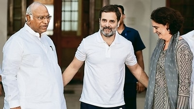 Congress president Mallikarjun Kharge after a meeting with Rahul Gandhi and Priyanka Gandhi Vadra at his residence in New Delhi on Monday. (HT Photo)