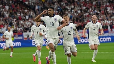 England's Jude Bellingham celebrates after scoring the opening goal during a Group C match between Serbia and England at the Euro 2024 soccer tournament in Gelsenkirchen, Germany, Sunday, June 16, 2024. (AP Photo/Martin Meissner) (AP)