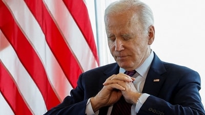 U.S. President Joe Biden was sleeping during G7 meeting in Italy when &nbsp;Ukrainian President Volodymyr Zelenskiy (not pictured) jumped from his seat to wake him up. (REUTERS)