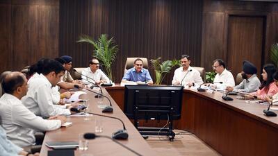 Haryana Chief Secretary TVSN Prasad during a review meeting on the special cleanliness campaign with district officials at Municipal Corporation Gurugram (MCG) office on Monday. (Parveen Kumar/HT) Haryana Chief Secretary TVSN Prasad during a review meeting on the special cleanliness campaign with district officials at Municipal Corporation Gurugram (MCG) office on Monday. (Parveen Kumar/HT)
