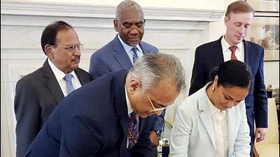 Indian NSA Ajit Doval and US NSA Jake Sullivan witness the signing of agreements during the iCET meeting in New Delhi on Monday. (ANI) Indian NSA Ajit Doval and US NSA Jake Sullivan witness the signing of agreements during the iCET meeting in New Delhi on Monday. (ANI)