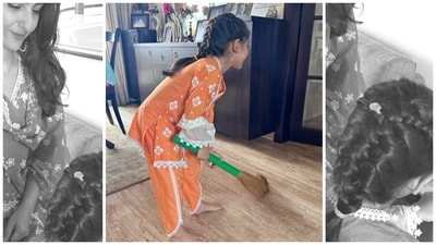 In one of the pictures, Inaaya was seen sweeping her room with a broom. In one of the pictures, Inaaya was seen sweeping her room with a broom.