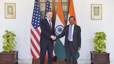 National Security Adviser Ajit Doval with his US counterpart Jake Sullivan in Delhi on Monday. (PTI) National Security Adviser Ajit Doval with his US counterpart Jake Sullivan in Delhi on Monday. (PTI)