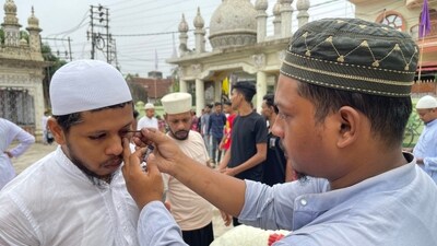 Getting the eyes lined with surma has religious significance in Islam. At the Gedu Mia Masjid in Agartala, a person got his eyes lined with surma- on the occasion of Eid Ul Adha. (PTI) Getting the eyes lined with surma has religious significance in Islam. At the Gedu Mia Masjid in Agartala, a person got his eyes lined with surma- on the occasion of Eid Ul Adha. (PTI)