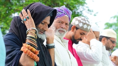 On Monday, Muslim devotees offered their morning namaz for Eid Ul Adha in Beawar, Rajasthan. (PTI) On Monday, Muslim devotees offered their morning namaz for Eid Ul Adha in Beawar, Rajasthan. (PTI)