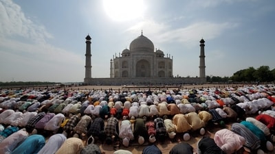 At the scenic Taj mahal complex in Agra, devotees offered their Eid Ul Adha namaz on Monday. (PTI) At the scenic Taj mahal complex in Agra, devotees offered their Eid Ul Adha namaz on Monday. (PTI)