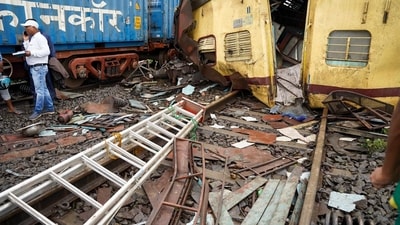 Remains of coaches after a collision between the Kanchanjungha Express and a goods train, near Rangapani railway station, on Monday, (PTI) (PTI)