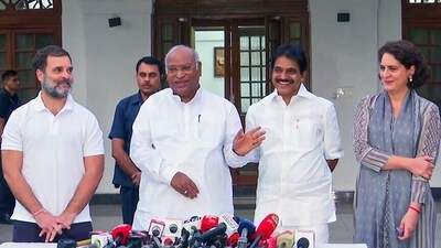 Congress President Mallikarjun Kharge addresses a press conference on party leader Rahul Gandhi retaining his Rae Bareli Lok Sabha seat while party leader Priyanka Gandhi Vadra will contest from Wayanad seat, in New Delhi on Monday. Party General Secretary KC Venugopal is also seen. (ANI) Congress President Mallikarjun Kharge addresses a press conference on party leader Rahul Gandhi retaining his Rae Bareli Lok Sabha seat while party leader Priyanka Gandhi Vadra will contest from Wayanad seat, in New Delhi on Monday. Party General Secretary KC Venugopal is also seen. (ANI)