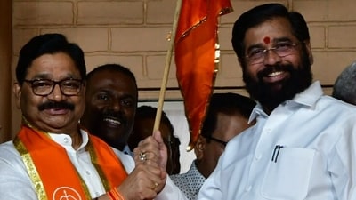 Shiv Sena (UBT) MLA Ravindra Waikar joined the Shiv Sena Eknath Shinde faction on March 10. (Bhushan Koyande/HT Photo) Shiv Sena (UBT) MLA Ravindra Waikar joined the Shiv Sena Eknath Shinde faction on March 10. (Bhushan Koyande/HT Photo)