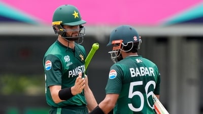 Pakistan's Shaheen Shah Afridi, left, celebrates with captain Babar Azam after Pakistan won the ICC Men's T20 World Cup cricket match against Ireland (AP) Pakistan's Shaheen Shah Afridi, left, celebrates with captain Babar Azam after Pakistan won the ICC Men's T20 World Cup cricket match against Ireland (AP)