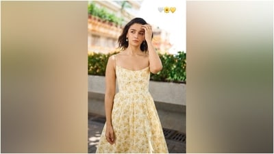 The sundress Alia chose for the occasion is from the shelves of House Of CB, a celebrity-loved clothing label. It features a wide plunging neckline, spaghetti straps, a boned bodice to cinch the waist, and a pleated flared maxi skirt. (Instagram) The sundress Alia chose for the occasion is from the shelves of House Of CB, a celebrity-loved clothing label. It features a wide plunging neckline, spaghetti straps, a boned bodice to cinch the waist, and a pleated flared maxi skirt. (Instagram)