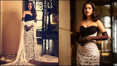 Radhika Merchant's latest pictures from her extravagant pre-wedding cruise bash are making waves on social media. Each of her pre-wedding looks is creating quite a buzz among fashion enthusiasts. On Sunday, Rhea Kapoor treated fashion lovers by sharing a series of pictures of Radhika on Instagram. Her stunning black and white gown adorned with love letters sets a new standard in fashion and is guaranteed to leave you in awe. Scroll down to find out more about her stunning outfit. (Instagram/@rheakapoor) Radhika Merchant's latest pictures from her extravagant pre-wedding cruise bash are making waves on social media. Each of her pre-wedding looks is creating quite a buzz among fashion enthusiasts. On Sunday, Rhea Kapoor treated fashion lovers by sharing a series of pictures of Radhika on Instagram. Her stunning black and white gown adorned with love letters sets a new standard in fashion and is guaranteed to leave you in awe. Scroll down to find out more about her stunning outfit. (Instagram/@rheakapoor)