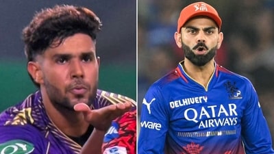 Harshit Rana's (L) flying kiss made more news that his wickets tally in IPL 2024. (Screengrab/AFP) Harshit Rana's (L) flying kiss made more news that his wickets tally in IPL 2024. (Screengrab/AFP)