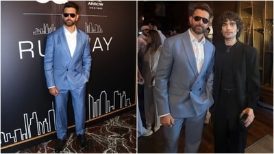 Hrithik Roshan attended an awards show in Mumbai. The actor looked dapper in a blue suit for the event. It features a notch-lapel blazer, matching pants, and a white shirt. He styled the ensemble with black dress shoes, sunglasses, a trimmed beard, and a backswept hairdo. (Instagram) Hrithik Roshan attended an awards show in Mumbai. The actor looked dapper in a blue suit for the event. It features a notch-lapel blazer, matching pants, and a white shirt. He styled the ensemble with black dress shoes, sunglasses, a trimmed beard, and a backswept hairdo. (Instagram)