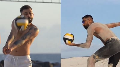 Virat Kohli and Hardik Pandya enjoy a game of beach volleyball. Virat Kohli and Hardik Pandya enjoy a game of beach volleyball.