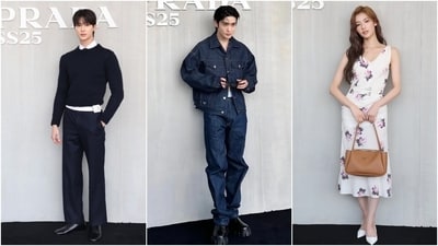 Lovely Runner's Byeon Woo Seok, NCT's Jaehyun, and TWICE's Sana attended the Prada Spring Summer 2025 show in Paris. While Woo Seok opted for a classy cropped sweater, white shirt, and straight-leg pants combination, Jaehyun made a dapper appearance in an all-denim ensemble featuring an oversized shacket and tapered-fit denim jeans. (Instagram) Lovely Runner's Byeon Woo Seok, NCT's Jaehyun, and TWICE's Sana attended the Prada Spring Summer 2025 show in Paris. While Woo Seok opted for a classy cropped sweater, white shirt, and straight-leg pants combination, Jaehyun made a dapper appearance in an all-denim ensemble featuring an oversized shacket and tapered-fit denim jeans. (Instagram)