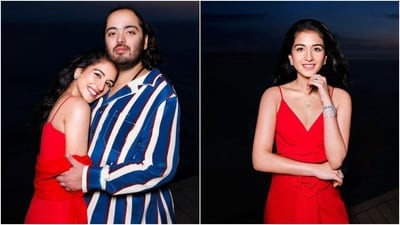 Radhika Merchant, in a red Balmain dress, poses with Anant Ambani during their pre-wedding cruise in Italy. (Instagram) Radhika Merchant, in a red Balmain dress, poses with Anant Ambani during their pre-wedding cruise in Italy. (Instagram)