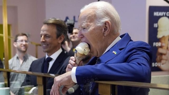 President Joe Biden discussed about ceasefire in Gaza during an ice cream outing with late night comic Seth Meyers.(AP: Evan Fucci)