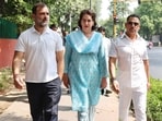 Congress leader Rahul Gandhi, Priyanka Gandhi Vadra with Robert Vadra. 