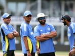 India's Head Coach Rahul Dravid, captain Rohit Sharma and others during a practice session ahead of the Super 8 match against Afghanistan, in Barbados