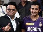Jay Shah (L), secretary of the Board of Control for Cricket in India (BCCI) poses next to Kolkata Knight Riders' team mentor Gautam Gambhir