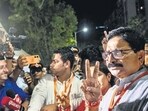 Mumbai, India - June 4, 2024: Ravindra Waikar Candidate for Lok Sabha, Mumbai North-West constituency celebrate after winning at Nesco in Mumbai, India, on Tuesday, June 4, 2024. (Photo by Satish Bate/ Hindustan Times) (Hindustan Times) Mumbai, India - June 4, 2024: Ravindra Waikar Candidate for Lok Sabha, Mumbai North-West constituency celebrate after winning at Nesco in Mumbai, India, on Tuesday, June 4, 2024. (Photo by Satish Bate/ Hindustan Times) (Hindustan Times)