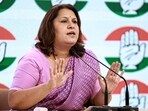 Congress leader Supriya Shrinate addresses a press conference in New Delhi.