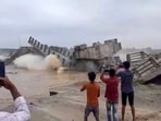 A bridge collapses into the Bakra river at Padkiya Ghat, in the Sikti block area of Araria, Bihar, Tuesday, June 18, 2024.