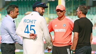 India's captain Rohit Sharma (2nd from left), coach Rahul Dravid (centre) and BCCI chief selector Ajit Agarkar (ANI) India's captain Rohit Sharma (2nd from left), coach Rahul Dravid (centre) and BCCI chief selector Ajit Agarkar (ANI)