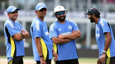 India's Head Coach Rahul Dravid, captain Rohit Sharma and others during a practice session ahead of the Super 8 match against Afghanistan, in Barbados (Surjeet Yadav) India's Head Coach Rahul Dravid, captain Rohit Sharma and others during a practice session ahead of the Super 8 match against Afghanistan, in Barbados (Surjeet Yadav)