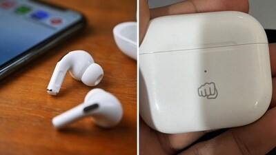A man shared a photo of his Apple AirPods engraved with a fist bump emoji. (X/@basked_samosa) A man shared a photo of his Apple AirPods engraved with a fist bump emoji. (X/@basked_samosa)